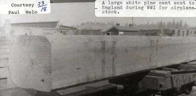 A photograph of a large cant of white pine that was to be sent to England for airplane stock during WWI.