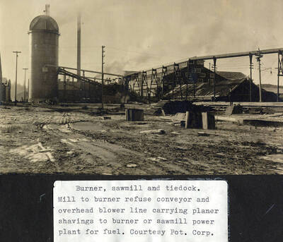 A photograph of the mill to burner refuse conveyor and overhead blower line carrying planer shavings to burner or sawmill power plant for fuel.