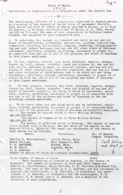 A Certificate of Organization of a Corporation under the General Law from the State of Maine outlining the shareholders' (Charles A. Weyerhaeuser, Henry Turrish, F.H. Thatcher, H.M. Heath, and C.L. Andrews) stake in the company.