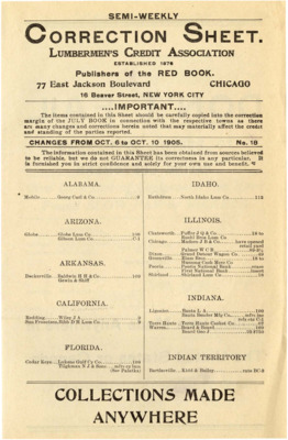 A correction sheet from the Lumbermen's Credit Association for changes from October 6-10, 1905.