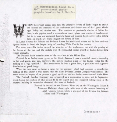 An introduction to a promotional photographic booklet by the Potlatch Lumber Company.