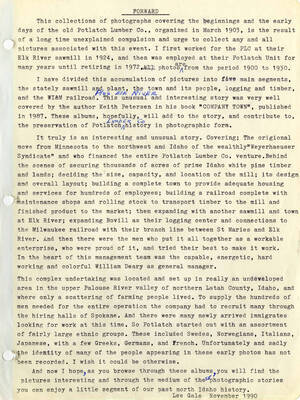 A forward from Lee Gale explaining the collections of photographs. He goes through a brief history of the Potlatch Lumber Company and start up of the lumber towns in North Idaho.