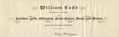 A business card for William Codd, a manufacturer of and dealer in glass and builders' material in Colfax, Washington.