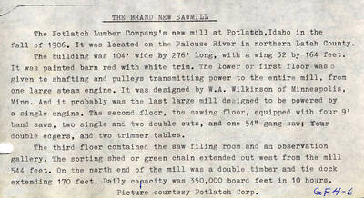 A paper introducing the new Potlatch Sawmill with its dimensions, color, and design.