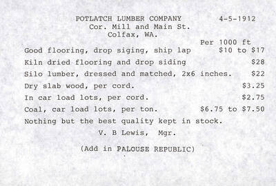 A list of items and their cost from the Potlatch Lumber Company in Colfax, WA.