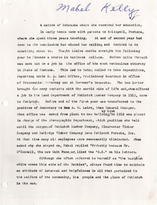 A short biography of Mabel Kelly. It covers her teens through her retirement.