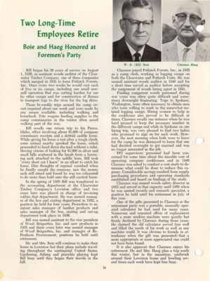 An article about W.R. (Bill) Boie and Clarence Haeg's time with the Potlatch Company for their retirement.