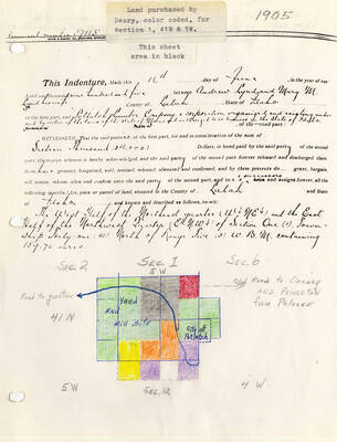 An indenture for the land purchased by Deary with a color coded map where his land is represented by the black area.
