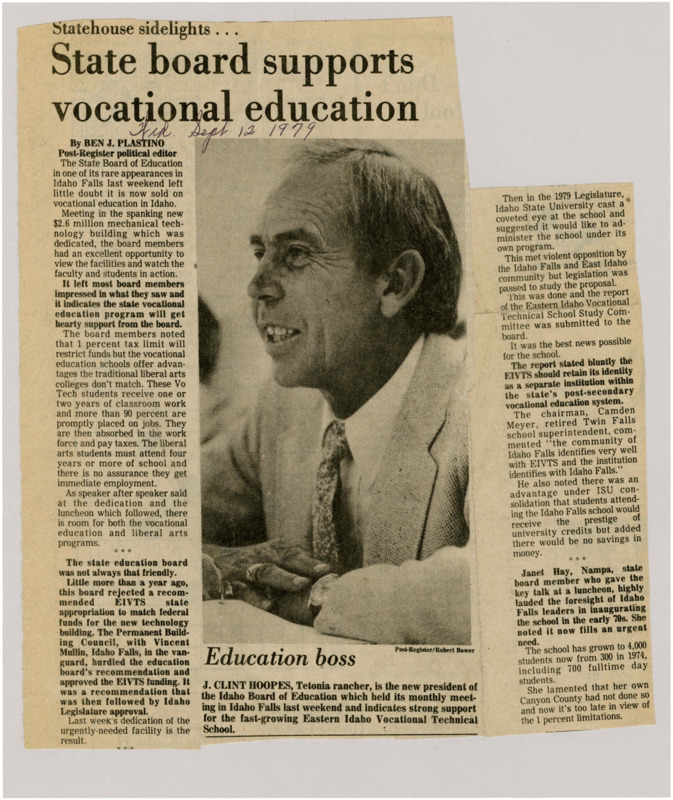 A newspaper article discussing: The Idaho State Board of Education recently expressed strong support for vocational education in Idaho after visiting the new $2.6 million mechanical technology building in Idaho Falls. The board was impressed by the facilities and the high placement rate of vocational students in jobs, which contrasts favorably with the longer timelines and uncertain employment outcomes of liberal arts programs. Despite funding limitations due to the 1% tax cap, the board emphasized the value of vocational schools in meeting workforce needs. This shift in support marks a significant change from past opposition, with key community leaders in Idaho Falls successfully advocating for the school’s growth and independence from state university control.