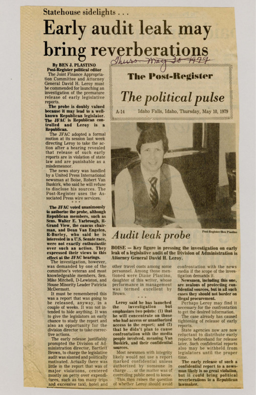 A newspaper article discussing: In May 1979, the Joint Finance Appropriations Committee (JFAC) and Attorney General David H. Leroy initiated an investigation into the premature leak of a legislative audit report, which violated state law. The early release of the audit, which contained minor violations like excessive travel expenses, raised concerns about political motivations, particularly from the Division of Administration director, Bartlett Brown. Leroy focused on those who accessed the confidential report without authorization, while emphasizing a careful approach toward the media involved, like United Press International's Robert Van Buskirk.