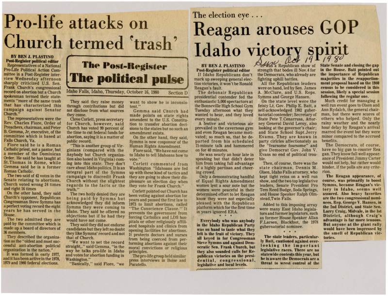 A newspaper article discussing: Representatives from a National Pro-Life Political Action Committee sharply criticized U.S. Senator Frank Church’s abortion voting record, claiming he voted wrongly on 24 out of 42 abortion-related Senate votes. In response, Church’s press secretary defended him, highlighting his consistent voting record to cut federal abortion funding and dismissing the criticism as part of a campaign to discredit Church. The pro-life representatives, though not endorsing a candidate, expressed support for Church’s opponent, Republican Congressman Steve Symms, and argued that Church’s pro-life stance was inconsistent with his voting record in Washington.