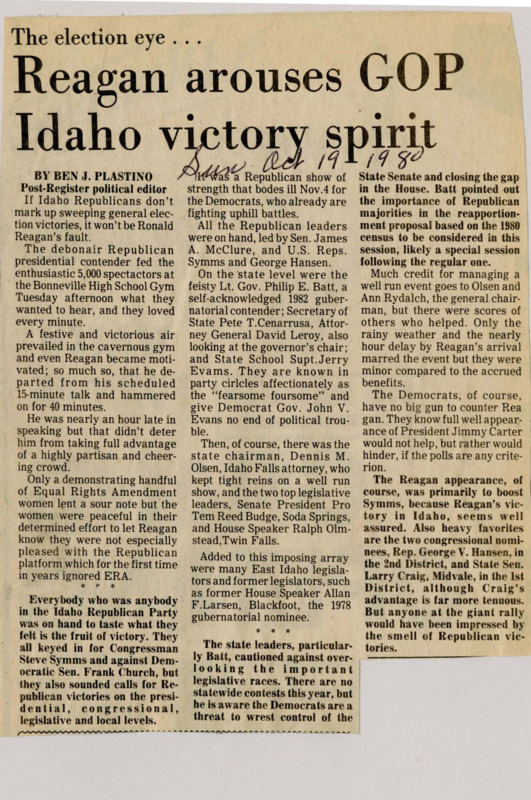 A newspaper article discussing: At a packed rally in Idaho, Republican leaders, including Ronald Reagan, Sen. James A. McClure, and U.S. Reps. Symms and Hansen, energized the crowd with a message of unity and political strength, while stressing the importance of upcoming legislative races. Reagan's speech, which ran long due to the enthusiastic reception, focused on boosting local candidates and reinforcing Republican momentum ahead of the November election, despite some protests from ERA supporters. Though the Democrats have little to counter the Republican wave, there is concern about the potential for a shift in control of the state legislature, with Republicans urging caution despite their strong position.