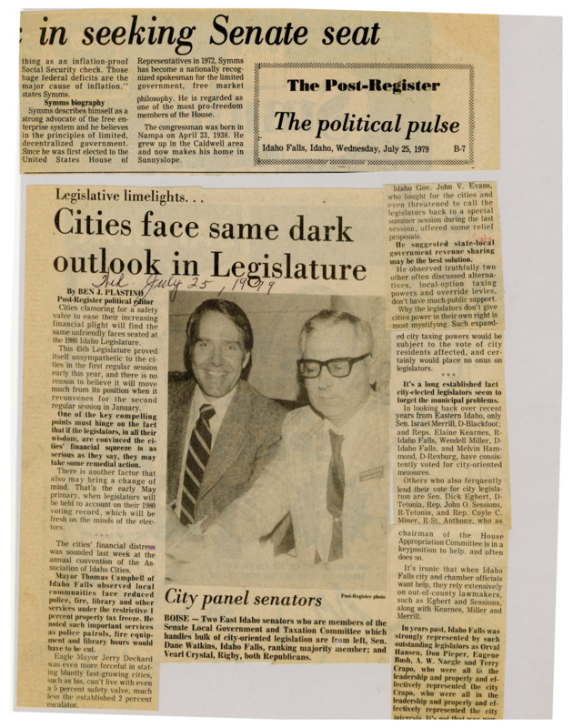 A newspaper article discussing: Idaho cities are facing financial challenges due to restrictive state policies, with reduced services like police and fire departments as a result of property tax freezes. Governor John V. Evans suggested state-local revenue sharing as a potential solution, but proposals like local-option taxes have limited support. Many legislators, particularly from rural areas, have been unsympathetic to city needs, and urban areas are increasingly relying on out-of-county lawmakers for assistance.
