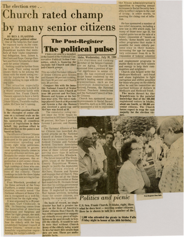 A newspaper article discussing: There is a contrast between Idaho's Republican lawmakers—Sen. James McClure, Rep. George Hansen, and Sen. Steve Symms—and Democrat Sen. Frank Church in their support for senior citizens. While the Republicans claim to support the elderly, their voting records show a lack of meaningful action on key issues like Social Security and senior services. In contrast, Church has consistently championed legislation benefiting seniors, earning high rankings from national senior citizen organizations. People criticize right-wing groups for misrepresenting the needs of seniors, emphasizing Church's proven commitment to improving their lives.