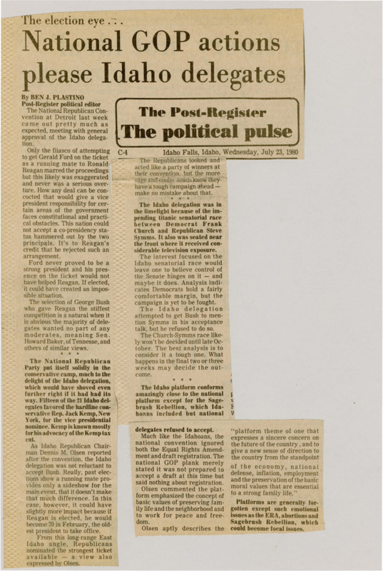 A newspaper article discussing: At the 1980 Republican National Convention, the Idaho delegation supported the party's conservative shift, though some wanted a more right-wing vice-presidential nominee, like Rep. Jack Kemp. The eventual selection of George Bush as Ronald Reagan's running mate was largely accepted, despite some initial controversy over a possible Gerald Ford pairing. The convention emphasized traditional values, economic issues, and national defense, while the Idaho delegation's focus on local concerns, such as the Senate race between Frank Church and Steve Symms, also garnered significant attention.