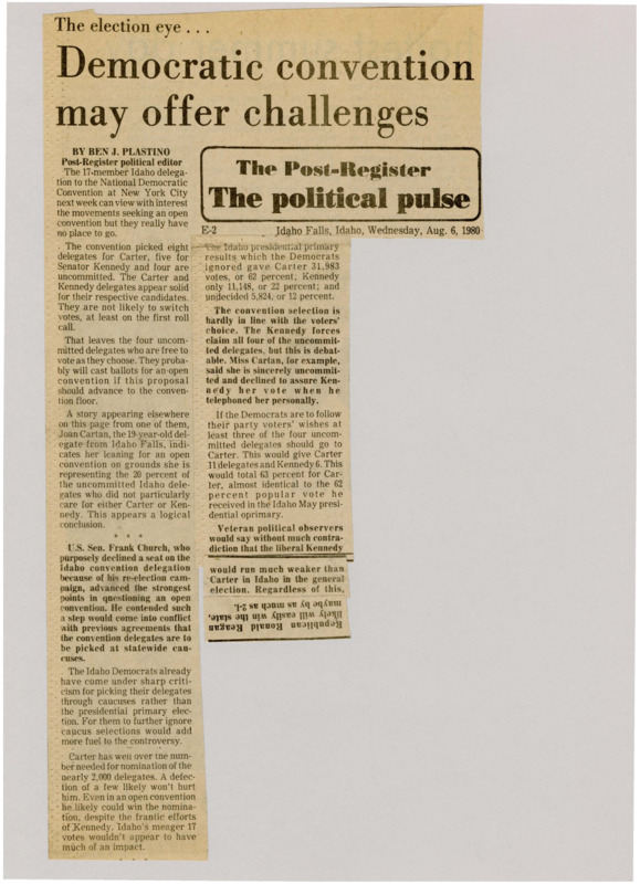 A newspaper article discussing: The 17-member Idaho delegation to the 1980 Democratic National Convention faces internal debate over whether to support an open convention, with most delegates already committed to either Carter or Kennedy. The four uncommitted delegates may lean toward an open convention but are unlikely to switch their votes, as Carter has secured a strong lead in Idaho's primary. Despite the controversy over how delegates were chosen, Carter remains in a strong position for nomination, with Kennedy’s efforts unlikely to disrupt his path to victory.