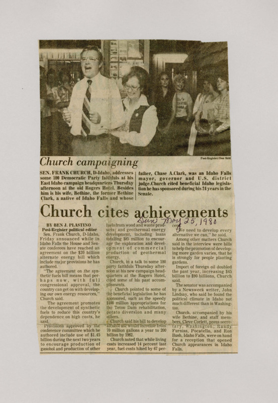 A newspaper article discussing: Senator Frank Church of Idaho announced a $20 billion alternative energy bill aimed at reducing dependence on foreign oil, with key provisions he authored to promote synthetic fuels and geothermal energy development. Church highlighted his past legislative successes, including the Teton Dam rehabilitation and efforts to reduce fuel costs, and discussed a bill to boost gasohol production. The agreement on the synthetic fuels bill, which includes $1.45 billion in funding over the next two years, is seen as a step forward in addressing the country's energy challenges.