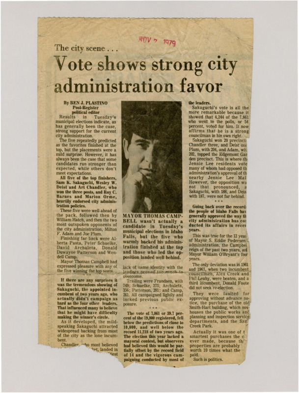 A newspaper article discussing: In Tuesday's municipal elections in Idaho Falls, results indicated strong support for the current city administration, with five top finishers—Sam K. Sakaguchi, Wesley W. Deist, Art Chandler, Roy C. Barnes, and Marion Orme—endorsing city policies. Sakaguchi, an incumbent, surprisingly garnered significant support despite a less active campaign. Voter turnout was lower than expected, with 39.7% of registered voters participating, but the results reflected continued approval of the city's administration.