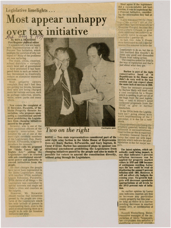 A newspaper article discussing: The 1 Percent Tax Initiative in Idaho, initially praised, has led to widespread dissatisfaction among local governments and property owners, who feel it has reduced services and failed to deliver expected tax relief. Al Brewster from the Idaho Property Owners Association has proposed a constitutional amendment to prevent the Legislature from altering voter-approved initiatives. Legal challenges are expected, as some believe parts of the tax law may be unconstitutional.