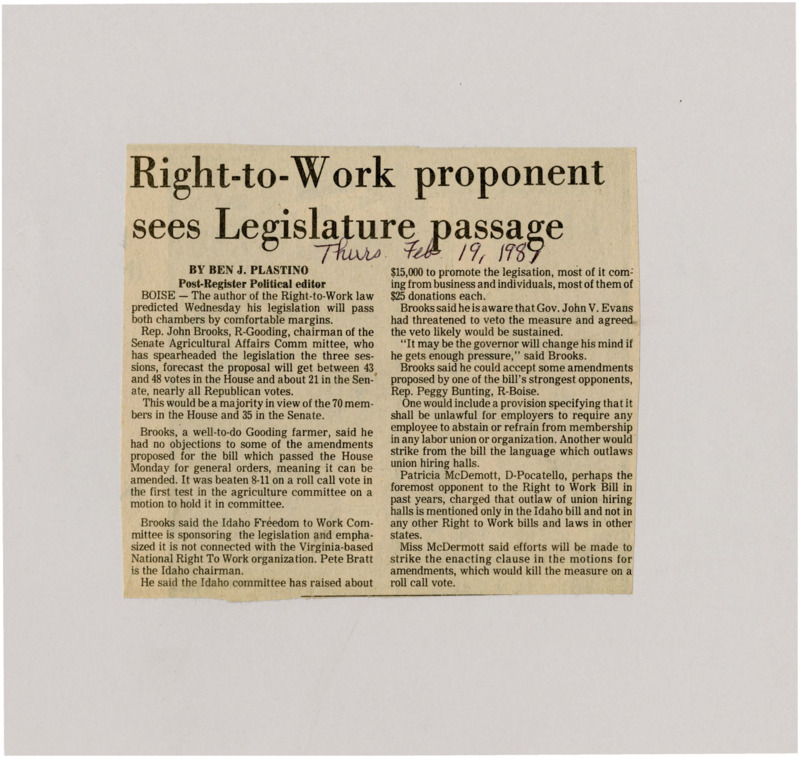 A newspaper article discussing: Rep. John Brooks, R-Gooding, is optimistic that Idaho's Right-to-Work bill will pass with strong Republican support despite Governor John V. Evans' veto threat. The bill, which has raised $15,000 for promotion, has backing from local businesses and individuals. Opponents are working to amend or weaken provisions, such as the ban on union hiring halls.