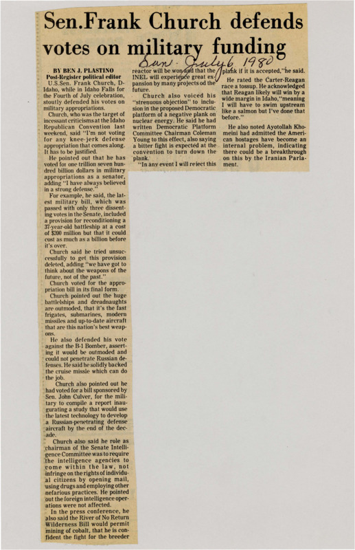 A newspaper article discussing: Senator Frank Church explained his votes against unnecessary military spending, focusing on newer defense technologies. He also highlighted his work to make sure intelligence agencies followed the law and respected people's rights. Despite tough competition, Church remained determined to continue his campaign in Idaho, where Reagan was expected to win.