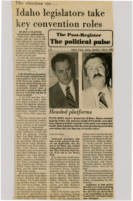 A newspaper article discussing: Idaho legislators took an active role in this year's state party conventions, playing key roles in drafting platforms and delivering speeches. At the Republican convention, nearly all senators and over half of the House representatives attended, while the Democrats also had strong legislative presence. This level of involvement marked a departure from previous years when lawmakers were less engaged in the convention process.