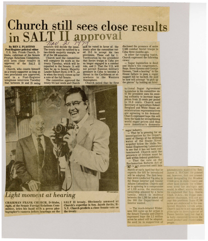 A newspaper article discussing: Senator Frank Church discussed the close Senate vote expected on the SALT II treaty, showing two key parts he supports. He also expressed frustration over the failure of sugar legislation but has a strategy to improve it. Additionally, Church is pushing for investigations into potential contamination of drinking water near Idaho’s national laboratory and supporting key environmental and land reform legislation.