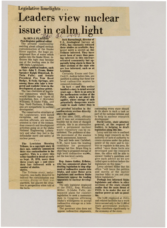A newspaper article discussing: The controversy surrounding the Idaho National Engineering Laboratory (INEL) has been fueled by concerns about radioactive waste contamination, particularly near the Snake River aquifer. While some political figures and legislators push for the safe storage of nuclear waste, others are opposed to nuclear development in the state. The debate continues as leaders work to balance everyone's concerns.