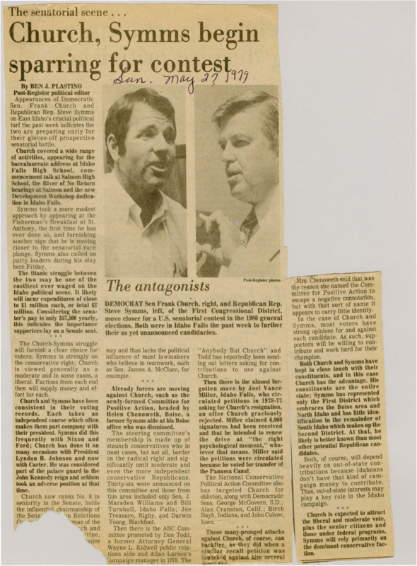 A newspaper article discussing: Senator Frank Church and Representative Steve Symms are gearing up for a competitive U.S. Senate race in Idaho, representing opposing political ideologies. Church, a moderate Democrat, has statewide recognition, while Symms, a conservative Republican, is well-known in his district. The race is expected to be highly expensive, with significant financial support and outside interests playing a major role.