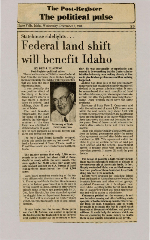 A newspaper article discussing: Idaho recently received 10,841 acres of federal land, which will generate revenue for local school districts. This transfer compensates the state for land taken when Idaho became a state 90 years ago. The land, primarily timber-rich, is expected to bring significant financial benefits for education once fully managed.
