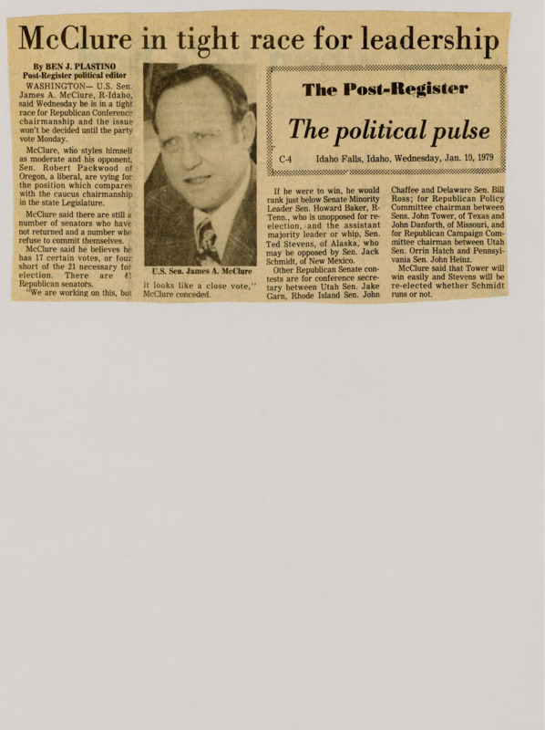 A newspaper article discussing: Senator James McClure of Idaho is in a tight race with Senator Robert Packwood for the Republican Conference chairmanship, with the vote set for Monday. McClure has 17 confirmed votes but needs 21 to win, with several senators still undecided. Other Republican Senate positions are also contested, but McClure expects John Tower and Ted Stevens to win their respective roles.
