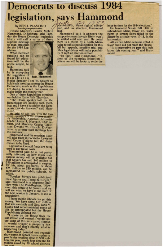 A newspaper article discussing: House Minority Leader Melvin Hammond announced plans for three regional meetings to strategize on education funding for the 1984 Legislature. He discussed the expected state surplus of $40–50 million, with a significant portion allocated for public schools. Hammond also highlighted the failure of Senate Bill 1189 on Idaho Power Co. water rights and stressed the need for its passage in the upcoming session.