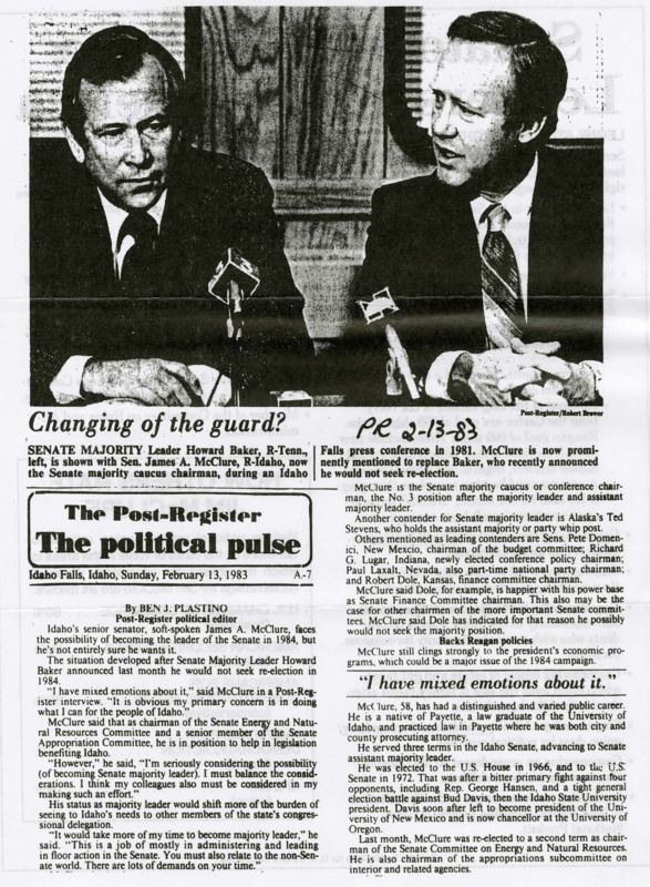 A newspaper article discussing: James A. McClure, Idaho's senior senator, is considering a run for Senate Majority Leader following Howard Baker's decision not to seek re-election in 1984. McClure is conflicted about the position, as it would shift his focus from helping Idaho to managing Senate affairs. Other contenders for the role include Ted Stevens, Pete Domenici, and Richard Lugar.