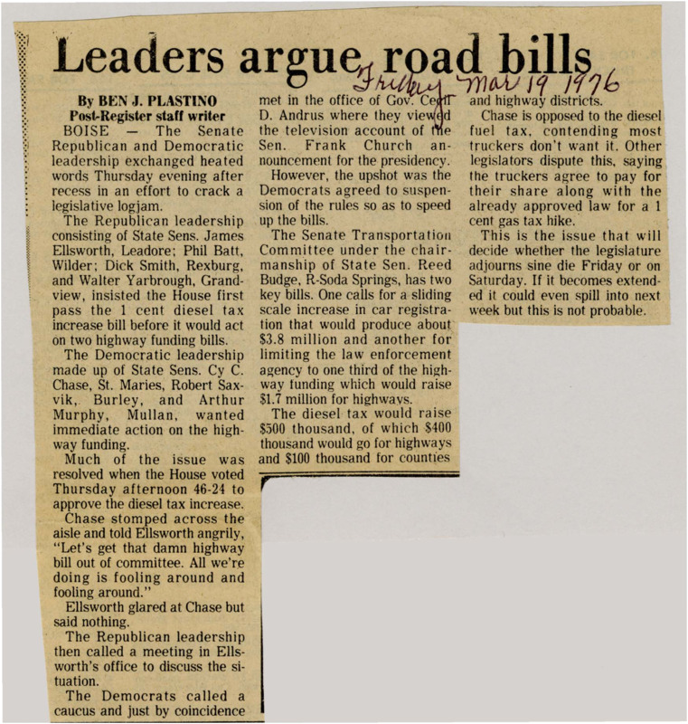 A newspaper article discussing: Idaho Senate leaders clashed over whether to pass a diesel tax increase or highway funding first. The House approved the diesel tax, but Democrats pushed for immediate highway funding action. This disagreement led to meetings to decide if the legislature would adjourn or extend.