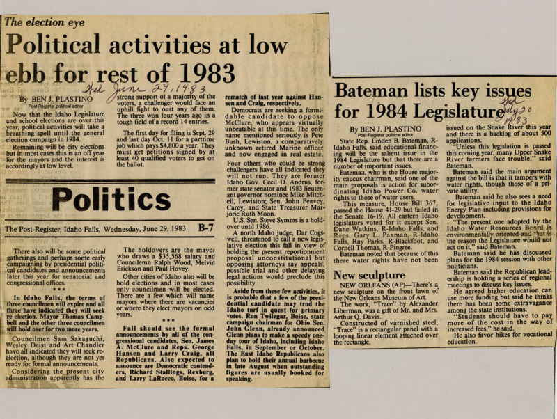 A newspaper article discussing: Idaho's elections in 1984 are approaching, with popular leaders like Governor Cecil Andrus and Senators James McClure, George Hansen, and Larry Craig holding strong positions. Most city elections are not very exciting, but there are some mayoral and council races. In the fall, more presidential and congressional candidates will announce their plans, with some already planning visits to Idaho.