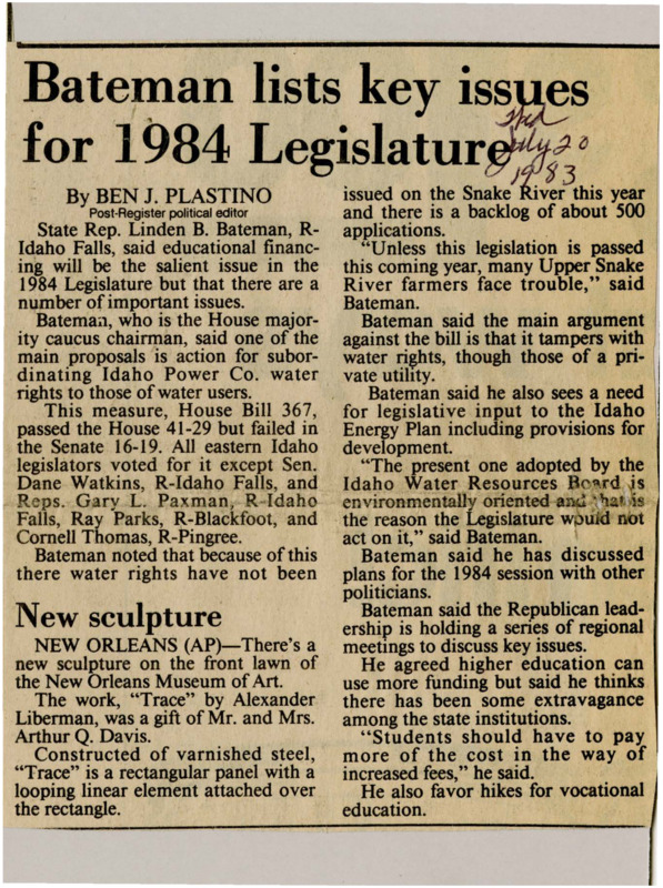 A newspaper article discussing: In 1984, Idaho Rep. Linden B. Bateman emphasized the importance of education funding and water rights issues in the upcoming legislative session. He proposed House Bill 367 to prioritize local water users' rights over Idaho Power Co.'s, but the bill failed in the Senate. Bateman also called for increased fees for higher education and vocational training, suggesting that students should contribute more to funding.