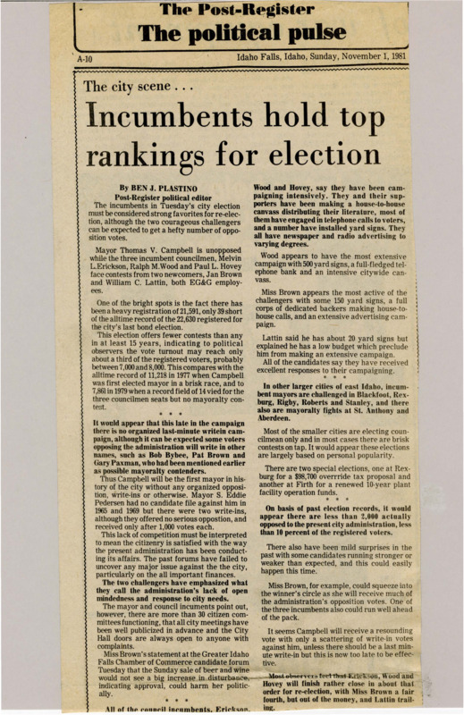 A newspaper article discussing: Mayor Thomas V. Campbell is unopposed in the city election, marking the first time in history he faces no organized opposition. Incumbent council members Melvin L. Erickson, Ralph M. Wood, and Paul L. Hovey are challenged by Jan Brown and William C. Lattin, with Brown receiving the most attention among the challengers. Despite some opposition, voter turnout is expected to be low, with Campbell likely securing an easy victory and the council race remaining competitive.
