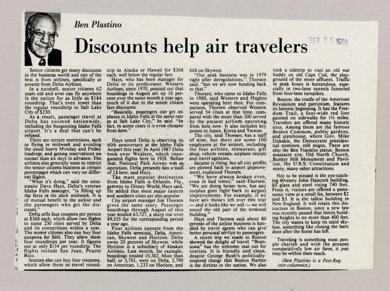 A newspaper article discussing: Senior citizens aged 62 and older can access discounted airfares, with round-trip prices as low as $184, lower than regular fares. Airlines like Delta offer special deals, including options for multiple flights at discounted rates, with senior-friendly packages for frequent travelers. Popular destinations such as Idaho Falls, Boston, and Disney World are seeing a rise in senior passengers taking advantage of these offers.