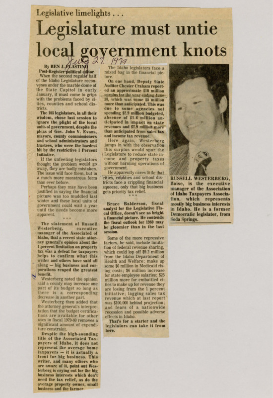 A newspaper article discussing: The Idaho Legislature is dealing with money issues, even though the state has a $10 million surplus, because local governments are struggling with tax limits. Some say tax breaks mostly help big businesses, while experts warn that budget cuts and rising costs could make things worse. Lawmakers now have to figure out how to manage these financial problems and support both the state and local communities.