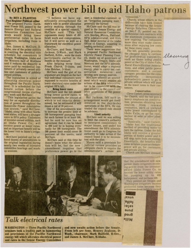 A newspaper article discussing: The Pacific Northwest Power Bill seeks to allocate electrical power fairly and offer lower rates to irrigators and residents. It creates a council for energy planning and conservation. Amendments include extending cheaper power rates to Idaho's irrigators for up to 400 horsepower.
