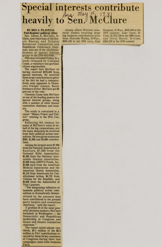 A newspaper article discussing: A study by Common Cause shows that Senator McClure and other politicians received large donations from special interest groups. McClure got $378,084, even though his opponent wasn't strong. The report highlights how business PACs are having more influence on politics.