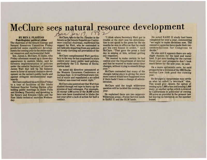A newspaper article discussing: Senator James McClure supported Secretary of the Interior James Watt's efforts to give states more control over public lands and water rights. He mentioned progress on land exchanges and the RARE II wilderness study, but noted challenges with funding for conservation. McClure was hopeful about changes to the 1902 Reclamation Law, which could offer more land ownership options.