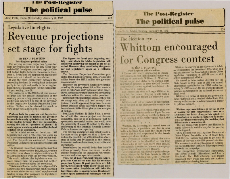 A newspaper article discussing: Democratic leaders in east Idaho are urging Rupert Mayor William F. Whittom to run for Congress against Republican U.S. Rep. George V. Hansen, believing Hansen is vulnerable. Whittom, who has experience in municipal and state politics, previously considered a congressional run but has not committed. With other Democratic candidates withdrawing, supporters are prepared to raise significant funds for his campaign.
