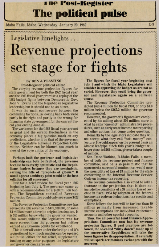 A newspaper article discussing: A budget debate between Idaho Gov. John V. Evans and Republican leaders over how much money the state will have in 1982 and 1983. The governor is hopeful, but Republicans are more cautious, leading to disagreements over the numbers. A key committee is likely to use the lower estimates, which could cause more arguments with the governor.