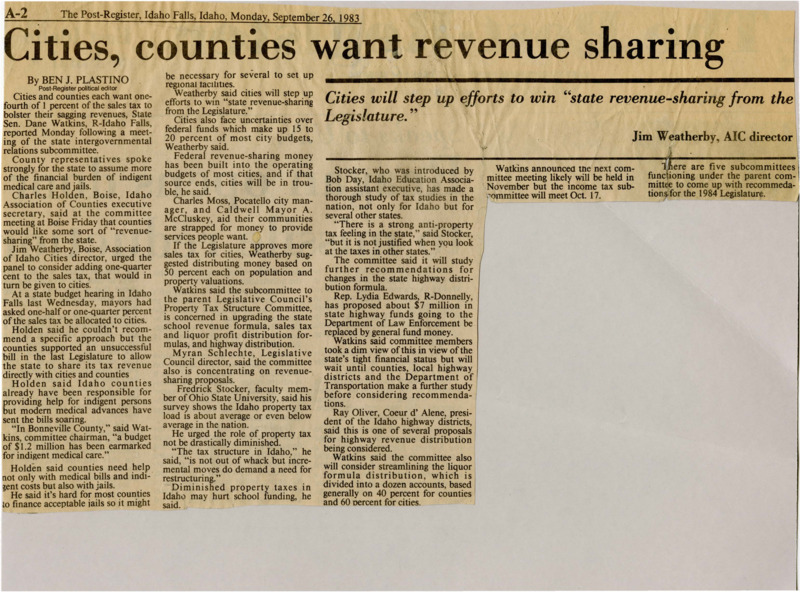 A newspaper article discussing: Local governments in Idaho asked for a small sales tax increase to help with their budget problems. Counties need more money for medical care and jails, while cities worry about losing federal funds. The state committee also talked about changing property taxes and sharing money between the state and local governments.