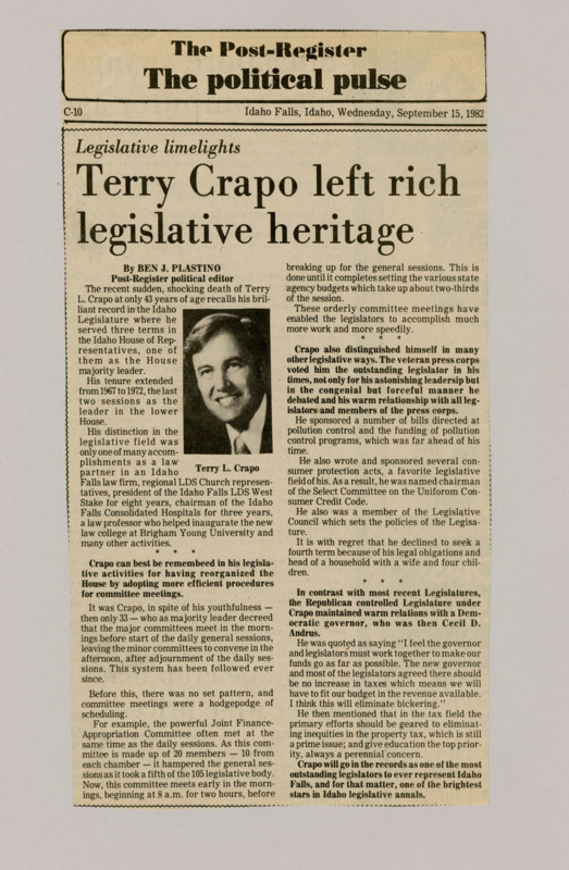 A newspaper article discussing: Terry L. Crapo was an important Idaho politician who served in the state House of Representatives for three terms, including as Majority Leader. He helped improve how committees met and worked on laws for pollution control and protecting consumers. He was also known for his friendly leadership and good relationships with others. Outside of politics, he worked as a lawyer, church leader, and law professor. He is remembered as one of Idaho's most influential lawmakers.