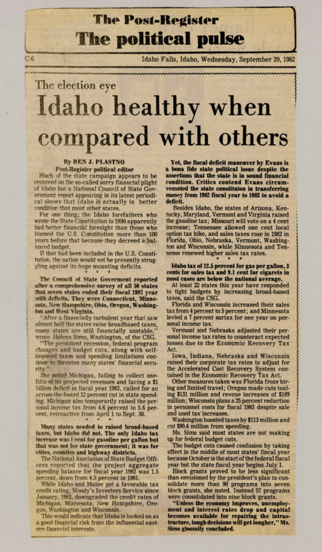 A newspaper article discussing: Idaho is in a better financial position than many other states, with a balanced budget required by its constitution. While states like Michigan and Minnesota faced deficits and raised taxes, Idaho did not implement major tax hikes. The article highlights the financial challenges states face amid the ongoing recession and federal budget cuts.