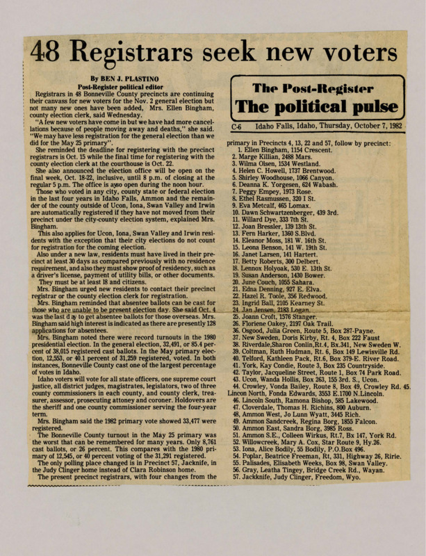 A newspaper article discussing: Voter registration in Bonneville County, Idaho, was declining ahead of the November 2, 1982, general election, with more cancellations than new registrations. County election clerk Ellen Bingham reminded residents of the registration deadlines and new residency requirements, while noting strong interest in absentee ballots. Despite historically high voter turnout, the May 1982 primary saw a record-low participation of only 26%.