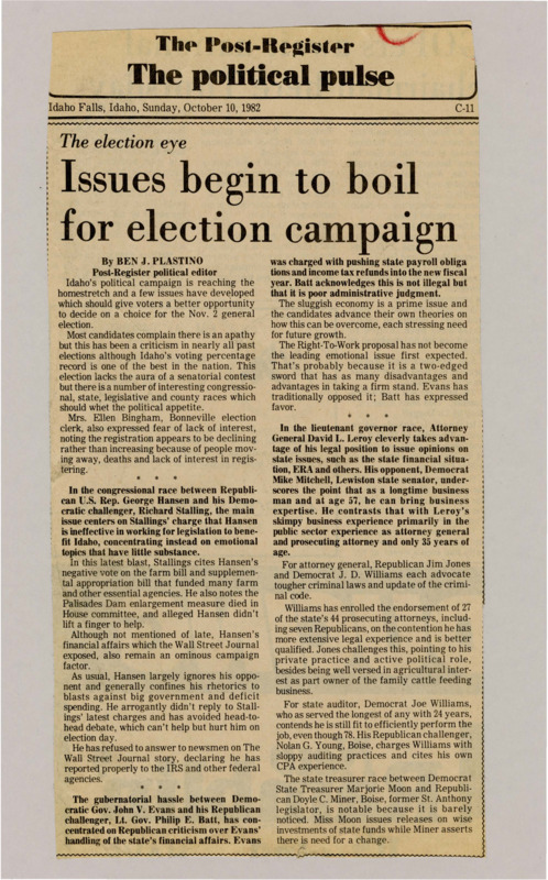 A newspaper article discussing: Idaho's election is coming up, with important races for Congress, governor, and other state offices. The main issues in the congressional race are George Hansen's effectiveness, while the governor’s race focuses on the economy and state finances. Other races include lieutenant governor, attorney general, and state auditor, where candidates discuss their experience and plans for the state.
