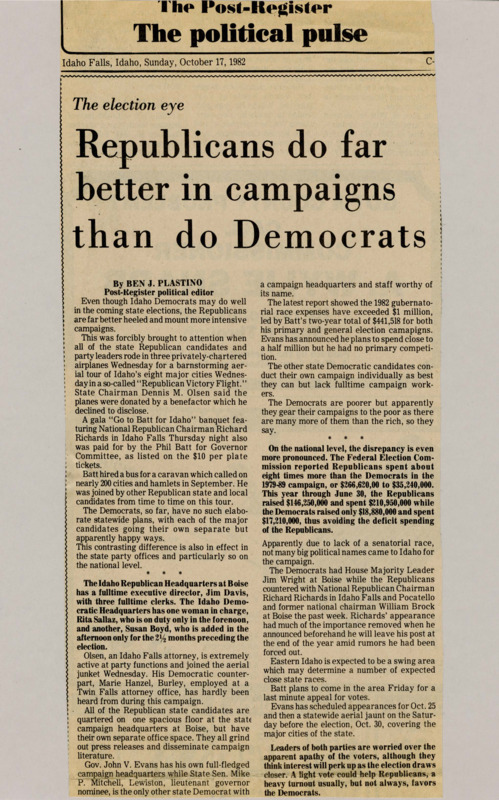 A newspaper article discussing: The Republican Party in Idaho is running a strong, well-funded campaign with big events and a full-time team. The Democratic Party, on the other hand, has fewer resources and candidates running their own separate campaigns. This difference is also seen nationally, where Republicans spend much more than Democrats.